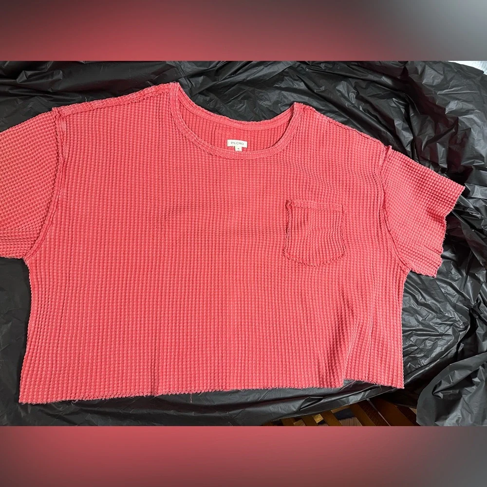 Pilcro Short Sleeve Waffle Tee- Neon Red - Picture 7 of 8